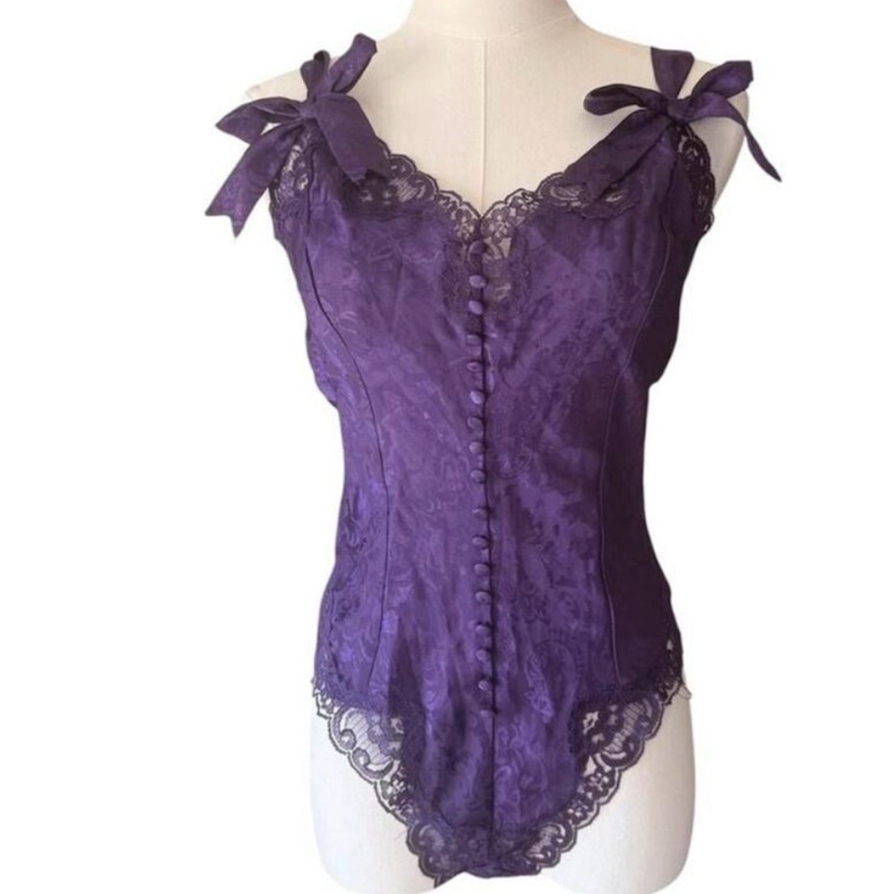 Victoria's Secret purple lace corset bodysuit gold label bows camisole Small